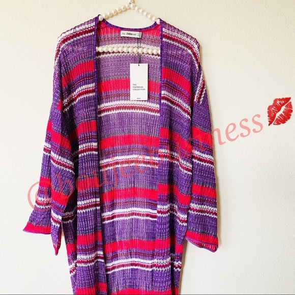 ZARA Knit Striped Long Cardigan Jacket Kimono - Picture 5 of 8